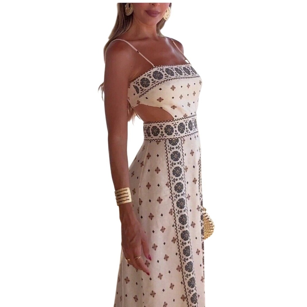 Zara Midi Linen Embroidered Summer Boho Cut Out Dress S Euro Vacation Resort - Picture 2 of 12